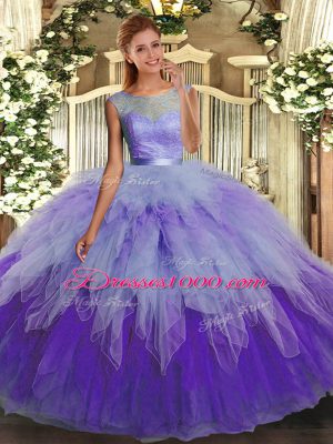 Artistic Organza Scoop Sleeveless Backless Lace and Ruffles Quinceanera Dresses in Multi-color