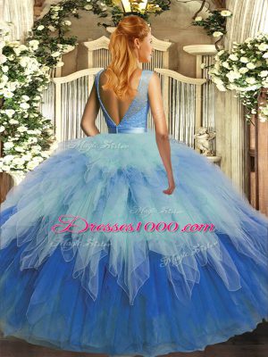 Artistic Organza Scoop Sleeveless Backless Lace and Ruffles Quinceanera Dresses in Multi-color