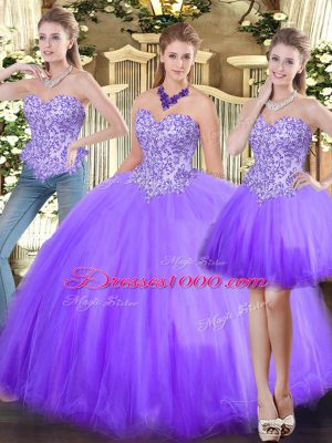 Hot Sale Lavender Lace Up Sweetheart Beading 15 Quinceanera Dress Tulle Sleeveless