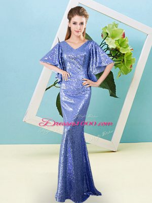 Modern Floor Length Blue Prom Evening Gown Sequined Half Sleeves Sequins