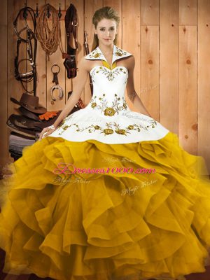 Traditional Halter Top Sleeveless Tulle Quinceanera Dress Embroidery and Ruffles Lace Up