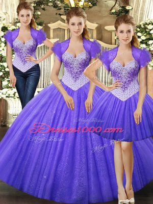 Noble Fuchsia Ball Gowns Beading Quinceanera Dress Lace Up Tulle Sleeveless Floor Length
