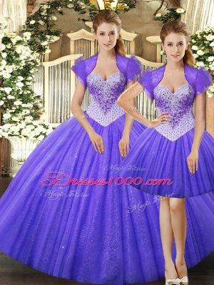 Noble Fuchsia Ball Gowns Beading Quinceanera Dress Lace Up Tulle Sleeveless Floor Length