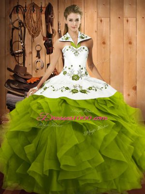 Traditional Olive Green Tulle Lace Up Halter Top Sleeveless Floor Length Quinceanera Gown Embroidery and Ruffles