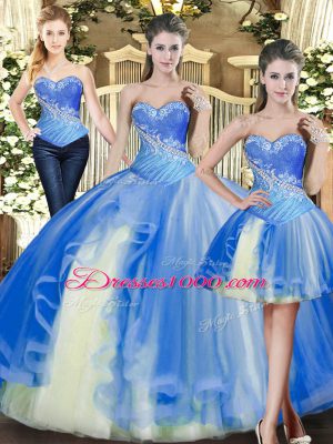 Pretty Baby Blue Ball Gowns Beading 15 Quinceanera Dress Lace Up Tulle Sleeveless Floor Length