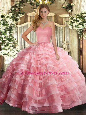 Sweetheart Sleeveless 15th Birthday Dress Floor Length Ruffled Layers Watermelon Red Organza