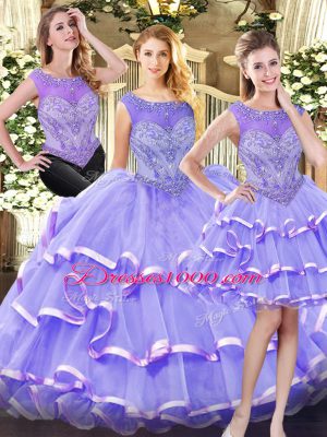 Beading and Ruffled Layers 15 Quinceanera Dress Lavender Zipper Sleeveless Floor Length