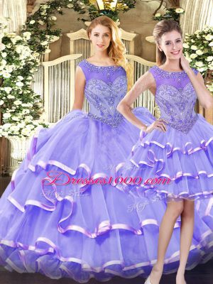 Beading and Ruffled Layers 15 Quinceanera Dress Lavender Zipper Sleeveless Floor Length