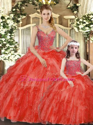 Fantastic Straps Sleeveless Organza Quinceanera Dresses Beading and Ruffles Lace Up