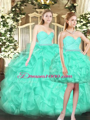 Clearance Turquoise Sleeveless Tulle Lace Up Quince Ball Gowns for Military Ball and Sweet 16 and Quinceanera