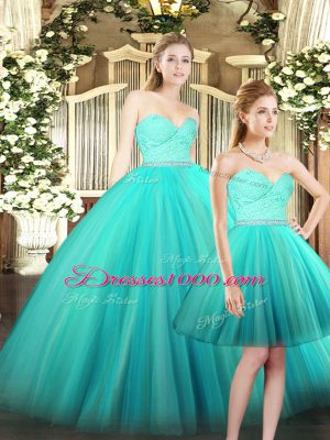 Sleeveless Tulle Floor Length Lace Up Sweet 16 Dress in Aqua Blue with Ruching