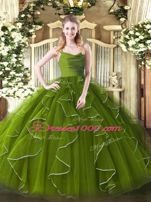 Olive Green Ball Gowns Organza Straps Sleeveless Ruffles Floor Length Zipper Sweet 16 Dress