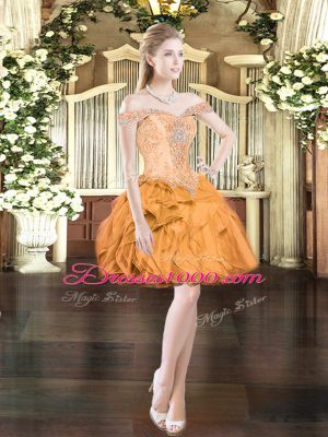 High Class Ball Gowns Prom Dresses Orange Red Off The Shoulder Organza Sleeveless Mini Length Lace Up