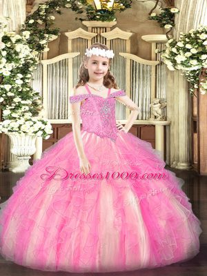 Trendy Rose Pink Lace Up Off The Shoulder Beading and Ruffles Party Dress for Girls Organza Sleeveless