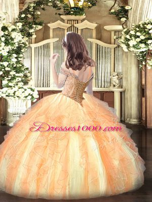 Trendy Rose Pink Lace Up Off The Shoulder Beading and Ruffles Party Dress for Girls Organza Sleeveless
