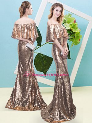 Super Half Sleeves Floor Length Sequins Zipper Prom Party Dress with Gold
