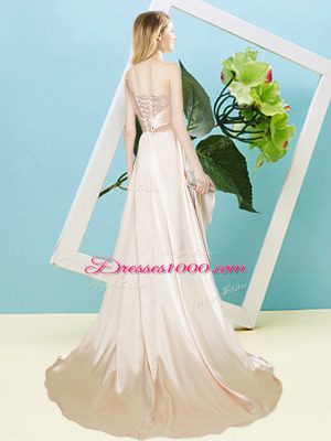 Glamorous Light Yellow Elastic Woven Satin and Sequined Lace Up One Shoulder Sleeveless High Low Prom Evening Gown Sequins