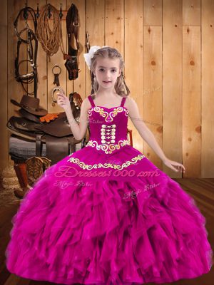 Latest Fuchsia Straps Lace Up Embroidery and Ruffles Party Dress for Toddlers Sleeveless