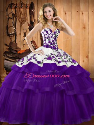 Latest Purple Organza Lace Up Quinceanera Dresses Sleeveless Sweep Train Embroidery