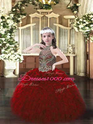 Latest Wine Red Organza Lace Up Little Girl Pageant Gowns Sleeveless Floor Length Beading and Ruffles