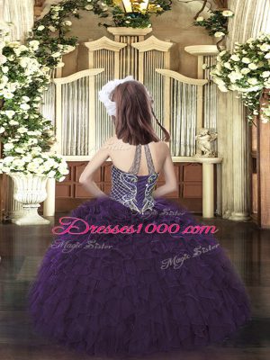 Latest Wine Red Organza Lace Up Little Girl Pageant Gowns Sleeveless Floor Length Beading and Ruffles