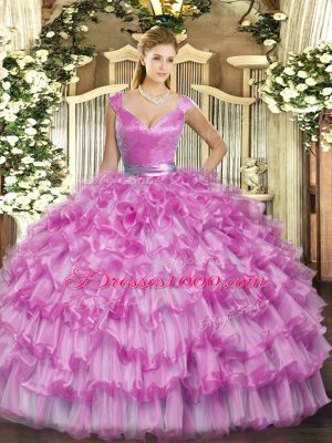 Excellent V-neck Sleeveless Quinceanera Dress Floor Length Ruffled Layers Lilac Organza