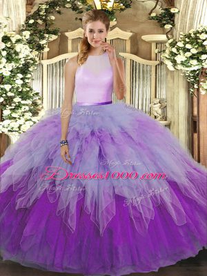 High-neck Sleeveless Ball Gown Prom Dress Floor Length Ruffles Multi-color Organza