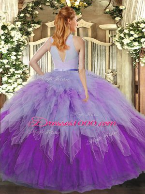 High-neck Sleeveless Ball Gown Prom Dress Floor Length Ruffles Multi-color Organza