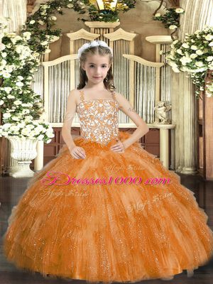 Elegant Straps Sleeveless Organza Pageant Dress for Girls Beading and Ruffles Lace Up