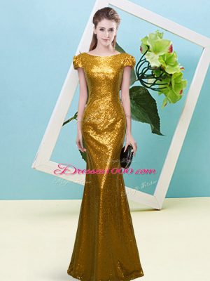 Top Selling Gold Scoop Zipper Sequins Prom Party Dress Cap Sleeves