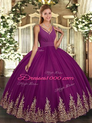 Purple Tulle Backless 15 Quinceanera Dress Sleeveless Floor Length Beading and Appliques
