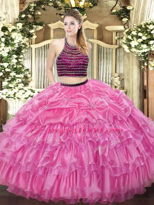 Exceptional Halter Top Sleeveless Zipper Quinceanera Dress Rose Pink Organza