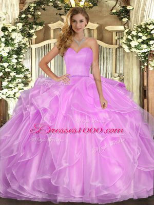 Glittering Lilac Ball Gowns Sweetheart Sleeveless Organza Floor Length Lace Up Ruffles 15th Birthday Dress