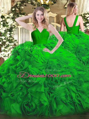 Floor Length Green Quinceanera Dress Fabric With Rolling Flowers Sleeveless Ruffles