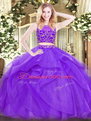 Lavender Two Pieces Beading and Ruffles Sweet 16 Dresses Zipper Tulle Sleeveless Floor Length