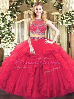 Inexpensive Coral Red Tulle Zipper Quince Ball Gowns Sleeveless Floor Length Beading and Ruffles
