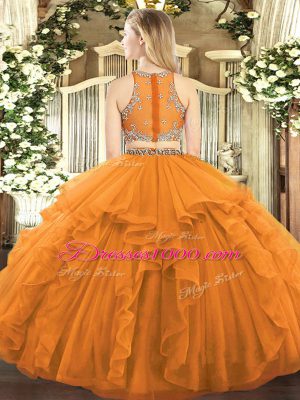 Inexpensive Coral Red Tulle Zipper Quince Ball Gowns Sleeveless Floor Length Beading and Ruffles