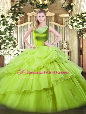 Sleeveless Organza Floor Length Side Zipper Quince Ball Gowns in Yellow Green with Beading and Pick Ups