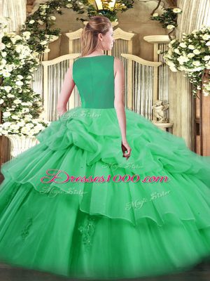 Sleeveless Organza Floor Length Side Zipper Quince Ball Gowns in Yellow Green with Beading and Pick Ups