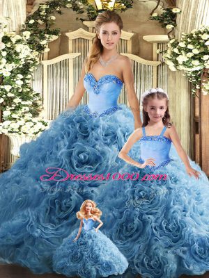 Ball Gowns Quince Ball Gowns Teal Sweetheart Fabric With Rolling Flowers Sleeveless Floor Length Lace Up