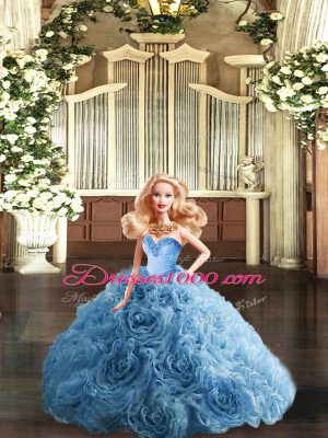 Ball Gowns Quince Ball Gowns Teal Sweetheart Fabric With Rolling Flowers Sleeveless Floor Length Lace Up