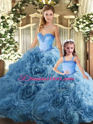 Ball Gowns Quince Ball Gowns Teal Sweetheart Fabric With Rolling Flowers Sleeveless Floor Length Lace Up