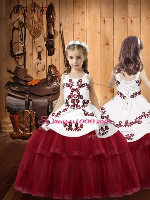 Ball Gowns Little Girls Pageant Dress Burgundy Straps Tulle Sleeveless Floor Length Lace Up