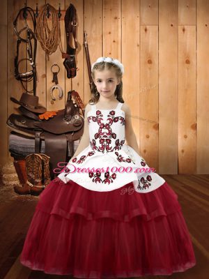 Ball Gowns Little Girls Pageant Dress Burgundy Straps Tulle Sleeveless Floor Length Lace Up