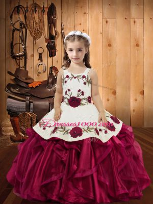 Red Sleeveless Floor Length Embroidery and Ruffles Lace Up Little Girls Pageant Dress