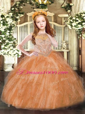 Sleeveless Tulle Floor Length Zipper Little Girls Pageant Gowns in Rust Red with Beading and Ruffles