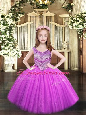 Lilac Ball Gowns Beading Glitz Pageant Dress Lace Up Tulle Sleeveless Floor Length