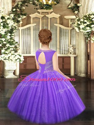 Lilac Ball Gowns Beading Glitz Pageant Dress Lace Up Tulle Sleeveless Floor Length