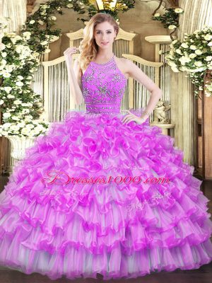Lilac Sleeveless Tulle Zipper Quinceanera Dresses for Military Ball and Sweet 16 and Quinceanera