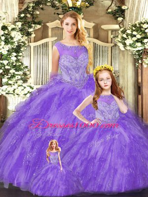 Latest Eggplant Purple Lace Up Scoop Beading and Ruffles Ball Gown Prom Dress Organza Sleeveless